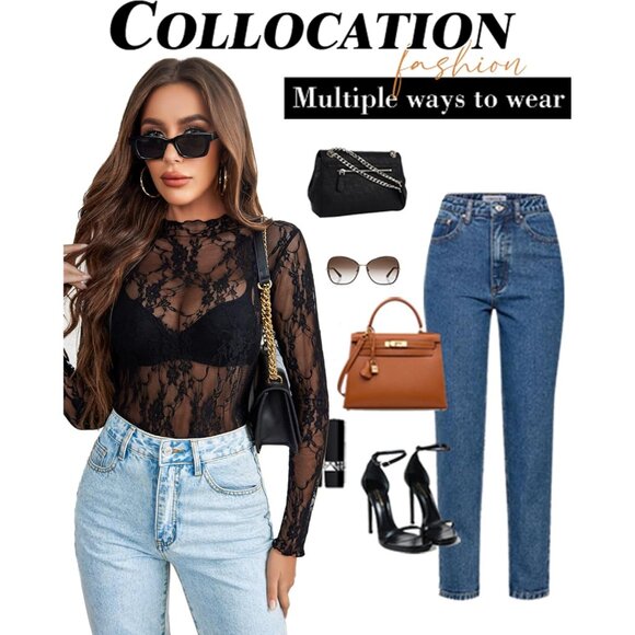 Women's Mesh Top Long Sleeve Sheer Blouse See Through Floral Lace Plus Size - Picture 4 of 8